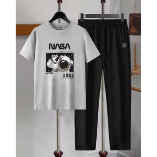 AUSK Mens Casual Printed Cotton Blend Grey & Black Summer wear Co-ords set of T-Shirt & Trakpant