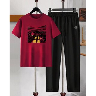 AUSK Mens Casual Graphic Print Cotton Blend Maroon & Black Summer wear Co-ords set of T-Shirt & Trakpant