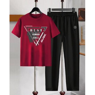 AUSK Mens Casual Graphic Print Cotton Blend Maroon & Black Summer wear Co-ords set of T-Shirt & Trakpant