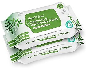 Arokleen Natural Daily Cleansing & Refreshing Wet Wipes With Neem & Tea Tree | Facial Wipes | Alcohol Free Vitamin C & pH Balanced | Removes Oil & Dirt & Moisturizes Skin | Make Up Remover Wet Wipes | Paraben Free | Hydrating & Soothing | Removes Waterpro