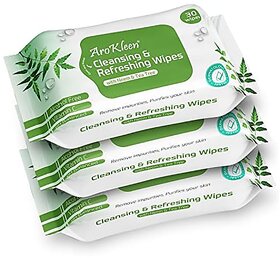 Arokleen Natural Daily Cleansing & Refreshing Wet Wipes With Neem & Tea Tree | Facial Wipes | Alcohol Free Vitamin C & pH Balanced | Removes Oil & Dirt & Moisturizes Skin | Make Up Remover Wet Wipes | Paraben Free | Hydrating & Soothing | Removes Waterpro