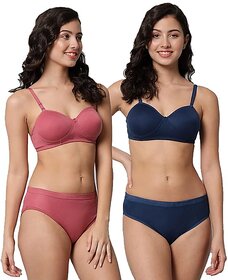 Womens Bra Panty SetLighty Padded ComboNon Wired Bra with PantyCotton Blend Bra Panty Lingerie Set of 2