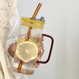 ELVEN Transparent Square Shape Juice Mug Sipper Tumbler  Coffee Mug Sipper with Straw  Borosilicate Glass  400 ML