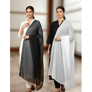 (Pack of 2) Black & White Chiffon Dupatta Combo Set | Soft Lightweight Chiffon Dupattas for Women | Ethnic & Party Wear
