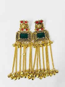 Traditional Kashmiri Jhumka Earrings for Women  Gold-Toned Finish with Green  Red Stones  Tassel Chain with Ghungroo