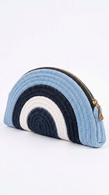 Women Woven Clutch Bag Half Moon Shape Blue White Striped Evil Eye Design Zip Closure Gold Tone Hardware Stylish Handbag