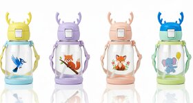 Kids Deer Water Bottle with Straw  Strap, Multicolour Plastic Sipper Bottle for School, Travel  Outdoor Use, Leak Proof, Lightweight, BPA Free