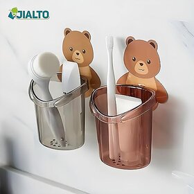 (2 Pcs Set) JIALTO Toothbrush Holder, Plastic Brush Holder , Self Adhesive Toothbrush Holder for Bathroom Wall, Tooth Brush Stand Storage Toothbrush, Toothpaste, Teddy Bear Shaped (Multicolor)