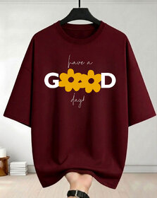 Ausk Womens Maroon & Yellow Printed Loosefit Round Neck Half Sleeve T-Shirt