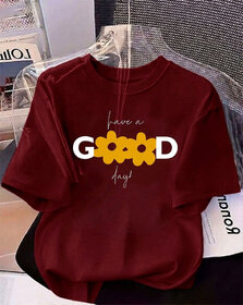 Ausk Womens Maroon & Yellow Printed Loosefit Round Neck Half Sleeve T-Shirt