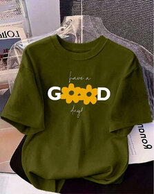 Ausk Womens Green & Yellow Printed Loosefit Round Neck Half Sleeve T-Shirt