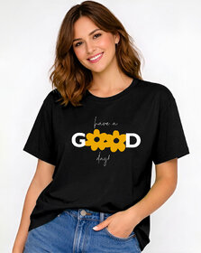 Ausk Womens Black & Yellow Printed Loosefit Round Neck Half Sleeve T-Shirt