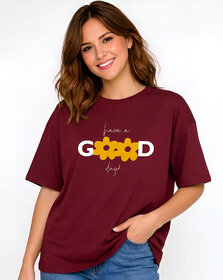 Ausk Womens Maroon & Yellow Printed Loosefit Round Neck Half Sleeve T-Shirt