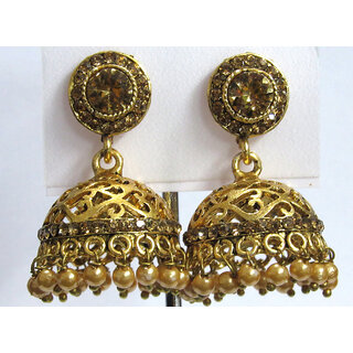                       Golden Round Stone Drop Jhumka Earring                                              