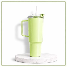 BPA-Free Plastic Tumbler with Handle  Straw - Leakproof Double Wall Insulated Travel Mug for Cold Drinks, Green, Cup Holder Friendly