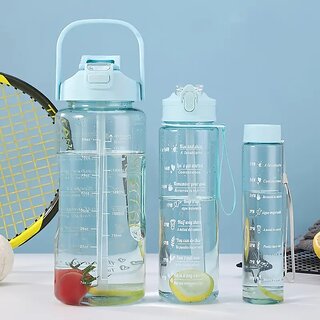 Motivational Water Bottle Set (2000ML, 1000ML & 500ML) BPA-Free Leakproof Bottles with Straw 3-in-1