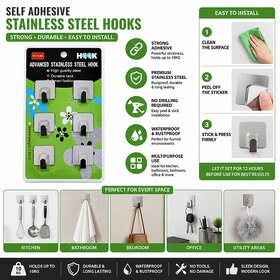 Self Adhesive Stainless Steel Wall Hooks Heavy Duty Waterproof Sticky Hooks for Kitchen, Bathroom Home (Pack of 6)