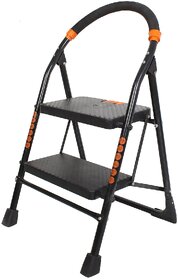 Trendy 2-Step Compact Ladder with Anti-Slip Steps, Lightweight Foldable Design, Rubber-Tipped Feet, Modern Black  Orange Finish for Safe Household  DIY Tasks