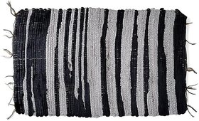 Handcrafted Cotton Striped Rug, Black and Grey, 65x40 cm, Washable Floor Mat with Tassel, Living Room and Bedroom