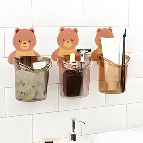(3 Pcs Set ) JIALTO Toothbrush Holder, Plastic Brush Holder , Self Adhesive Toothbrush Holder for Bathroom Wall, Tooth Brush Stand Storage Toothbrush, Toothpaste, Teddy Bear Shaped (Multicolor)