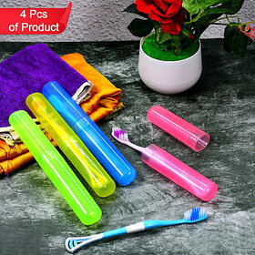 (Pack of 4) Plastic Toothbrush Covers  Anti-Bacterial Hygienic Multicolor Travel Storage Case