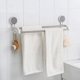 Self-Adhesive Double Towel Bar for Bathroom No Drill Wall Mounted Towel Rack with Stainless Steel Rods and Plastic Holders bathroom organiser without drill for Bathroom Kitchen(18 Inch)