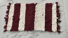 Cotton Floor Mat with Tassels  Cream Striped Door Mat for Home Dcor, Red and White Colour , 1 Qty