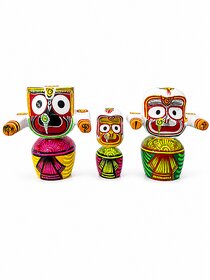 Handcrafted Wooden Jagannath Trio Idol Set, Traditional Temple Decor with Acrylic, Multicolour, 6inch
