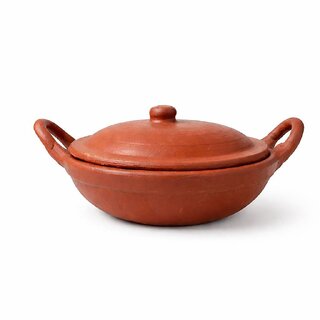 Natural Clay Kadhai with Lid  Handles Traditional Earthen Cooking Pot 1 Pc