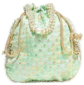 Peach Potli Bag with Pearl Chain, Embroidered Drawstring Potli  Perfect for Weddings & Festive Occasions