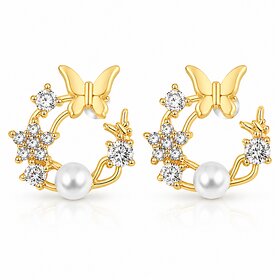 ROAVE Plated Butterfly Pearl Stud Earrings for Women  Girls with Silicone Back Lightweight Everyday Fashion Jewelry
