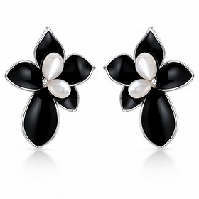 ROAVE Black Floral Pearl Stud Earrings for Women  Girls with  Silicone Back Lightweight Everyday Fashion Jewelry