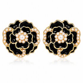 ROAVE Black Enamel Flower Stud Earrings for Women with  Silicone Back Lightweight Everyday Fashion Jewelry