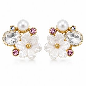 ROAVE Gold-Plated Floral Pearl Stud Earrings for Women with  Silicone Back Lightweight Everyday Fashion Jewelry