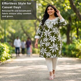 Elegant Green Floral Printed Kurti with White Embroidery - Comfortable Three-Quarter Sleeves for Women