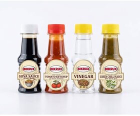 BIKRUX Chinese Sauce  Condiment Combo Pack of 4 (Soya Sauce, Tomato Ketchup, Vinegar, Green Chilli Sauce)