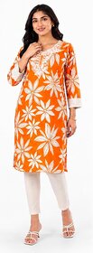 Elegant Women's Orange Floral Print Kurti with Embroidered Neckline  Traditional Ethnic Wear