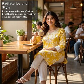 Yellow Floral Printed Cotton Kurti for Women  Summer Designer Ethnic Wear