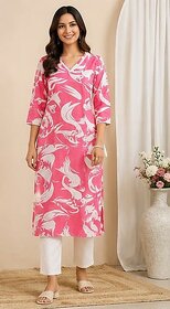 Women's Pink Floral Printed Kurti with V-Neckline and Three-Quarter Sleeves