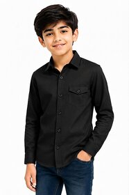 Boys Solid Long Sleeve Button-Up Shirt with Chest Pocket , Spread Collar