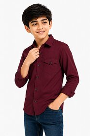 Boys Solid Long Sleeve Button-Up Shirt with Chest Pocket , Spread Collar