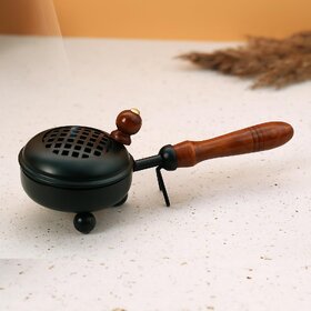 Round Metal Dhoop Dani with Handle  Dhuni Burner  Bakhoor Burner  Dhuna for Pooja  Dhoop Holder with Wooden Handle
