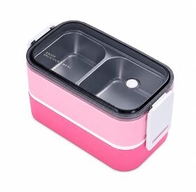 Finner 2 Layer Stainless Steel Lunch Box with Leak Proof Locking Clips, BPA Free Food Grade Container, Microwave  Dishwasher Safe, Air Vent, 2 Compartments (Pink)