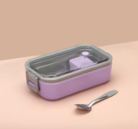 Rectangular Lunch Box for Kids  Adults with Spoon, Transparent Lid, Secure Side Locks and Inner Mini Container, Reusable Tiffin Box for School, Office and Travel