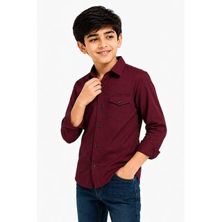 Boys Solid Long Sleeve Button-Up Shirt with Chest Pocket , Spread Collar