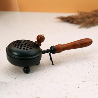 Round Metal Dhoop Dani with Handle  Dhuni Burner  Bakhoor Burner  Dhuna for Pooja  Dhoop Holder with Wooden Handle