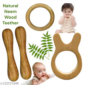 Mother's First Choice Natural Neem Made wooden Teether Dumble ,Circle and Cat Shape