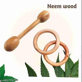 (Pack of 3) Neem Wooden Baby Teether  Dumble(10cm) and Ring(7.5cm) Shapes