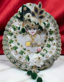 Designer White & Green Laddu Gopal Poshak with Floral Detail | Janmashtami Krishna Idol Outfit and Crown