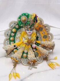 Designer Laddu Gopal Poshak with Peacock Feather Mukut | Green Yellow Bal Gopal Heavy Dress